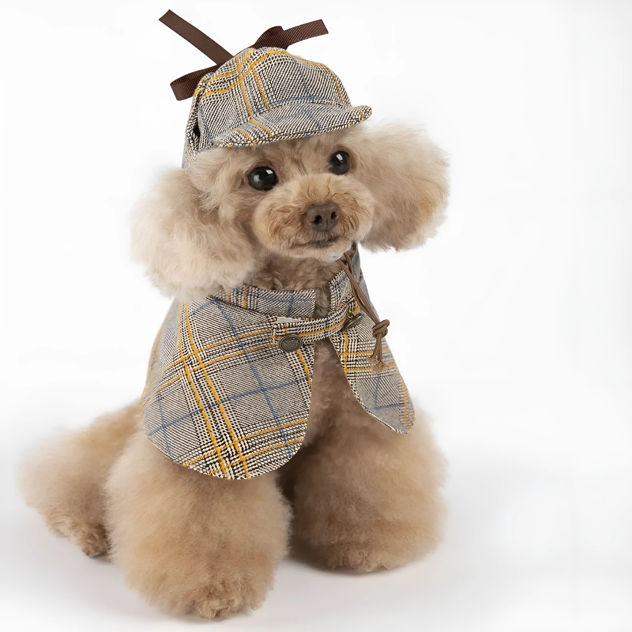 Camel coloured personalised cotton cloak for a dog with an adjustable hood.