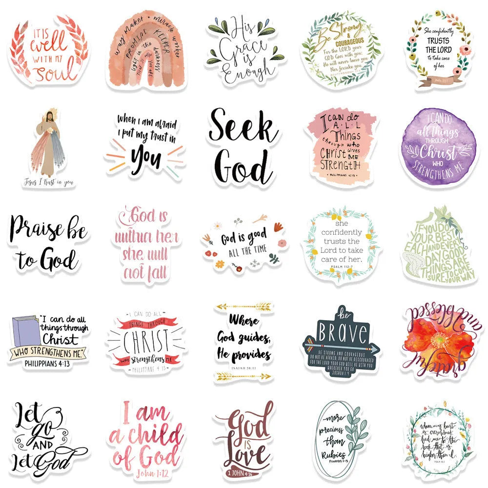 Assortment of 50 colourful printed graffiti-style vinyl stickers for personalising laptops and skateboards.