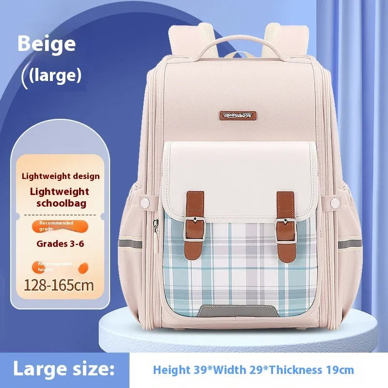 Oxford cloth school backpack for grades 5-6 students in beige colour.