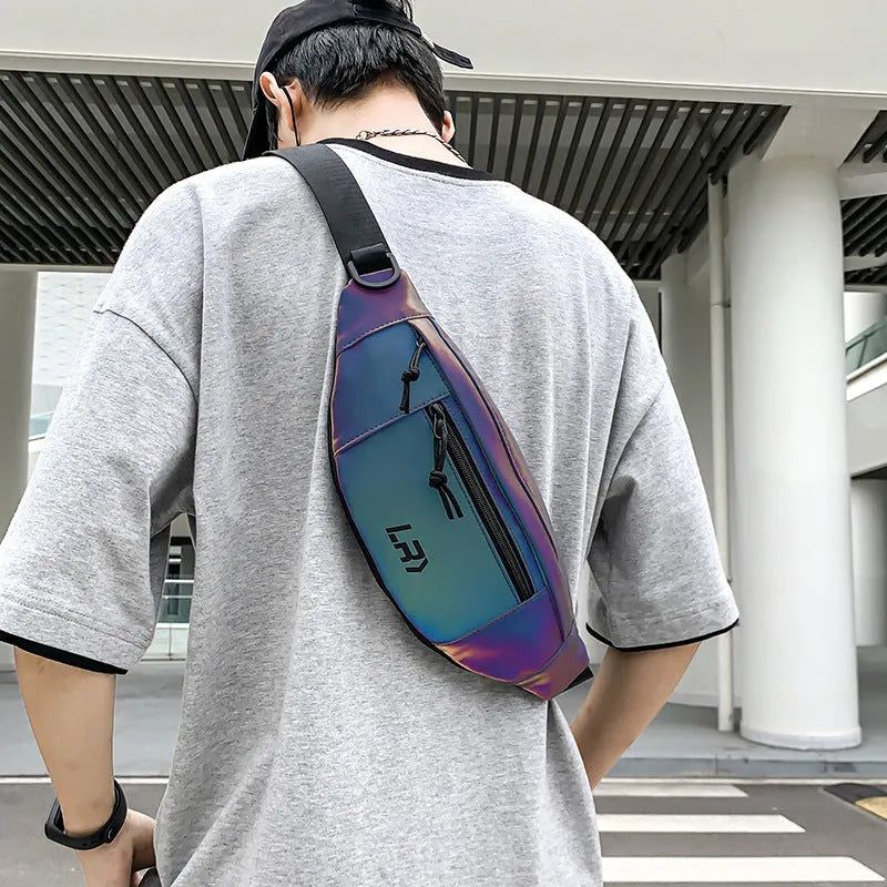Blue reflective Oxford cloth crossbody cycling bag with a soft handle and open pocket.