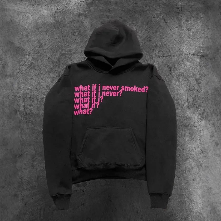 Black hooded sweater with white letter print design on front, showing pullover style with regular sleeves
