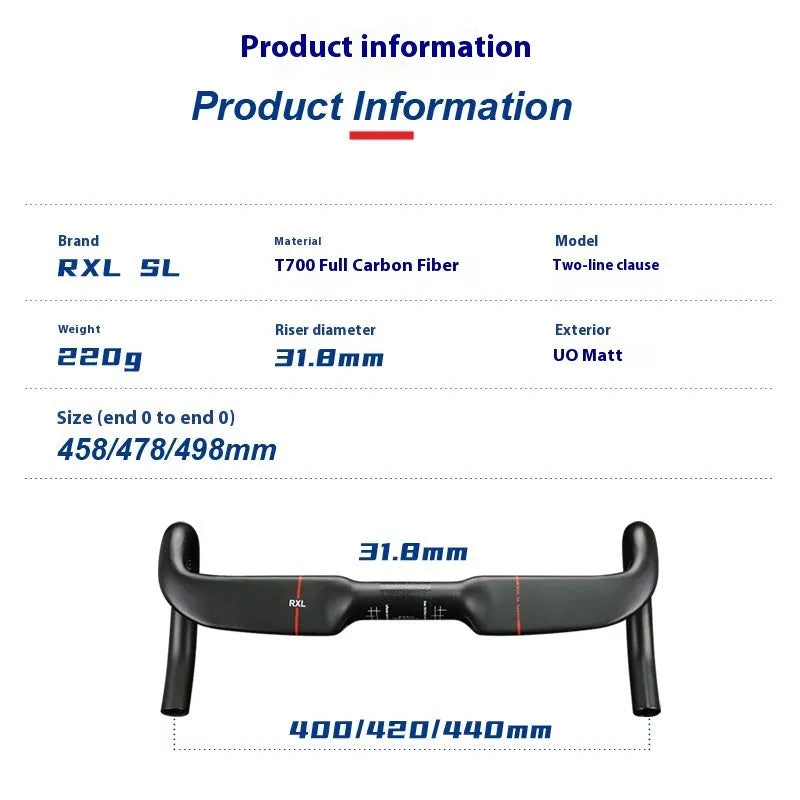 Carbon fibre road bike handlebar in black or red, showing double line design, in 400mm, 420mm, or 440mm width.
