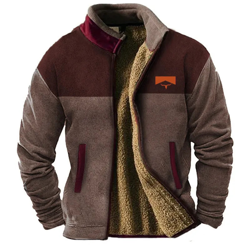Man wearing a light brown polyester fleece padded coat, regular fit