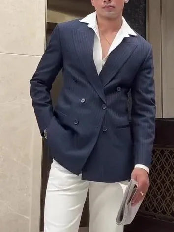 Men's classic stripe double-breasted polyester blazer in regular fit for smart casual wear