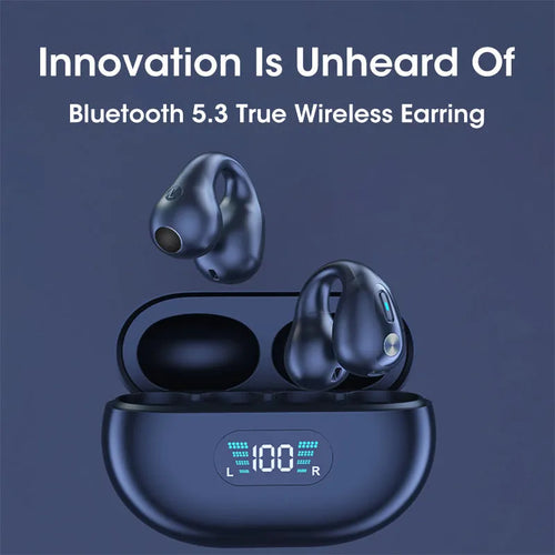 Bone conduction Bluetooth headset with ear clip design in black, white, or khaki colour.