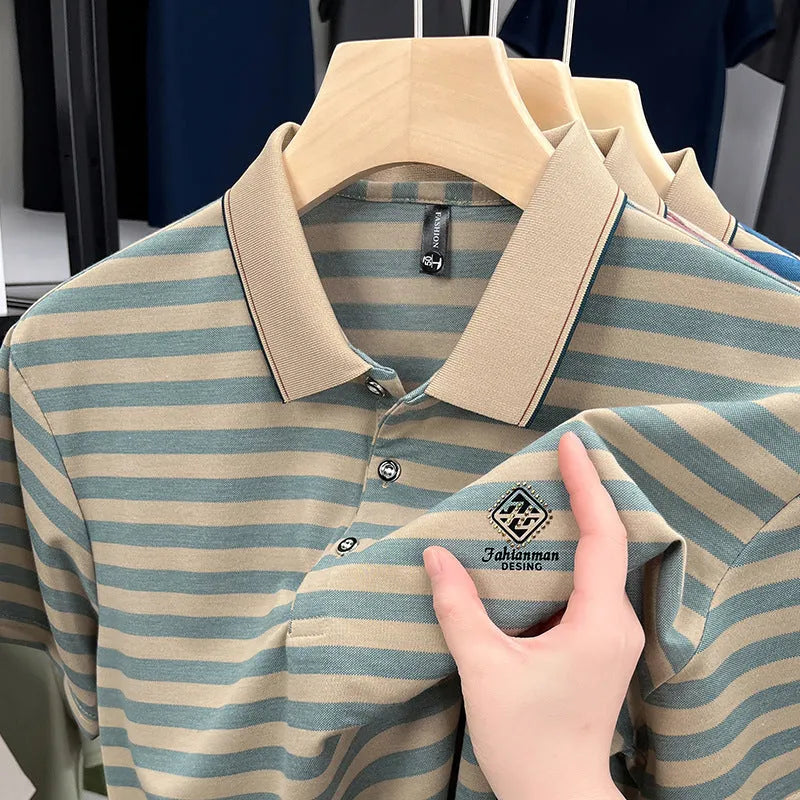 Men's striped casual short sleeve shirt with mosaic pattern detail in polyester fabric