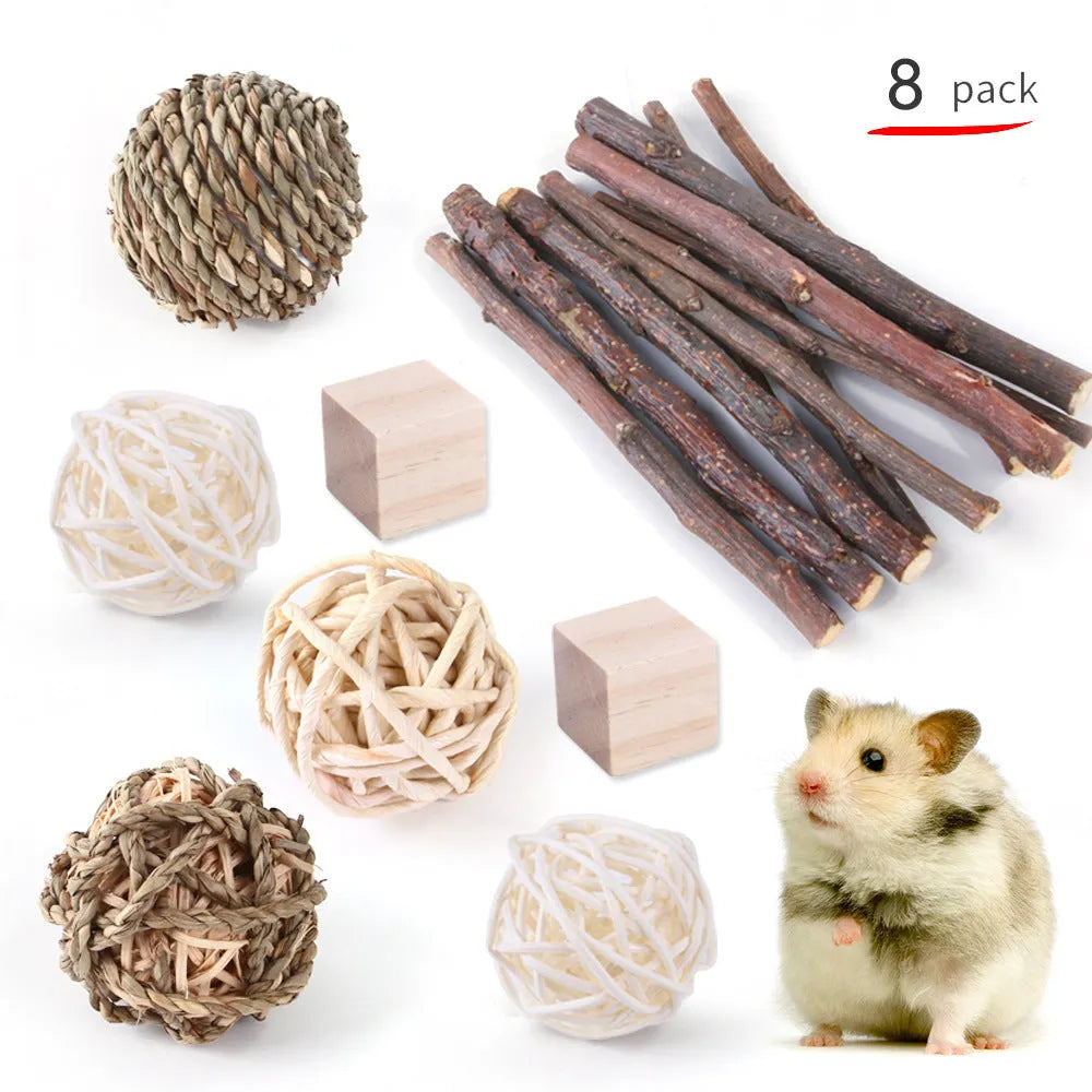 Wooden pet chewing toys bundle for rabbits guinea pigs and parrots with natural wood materials