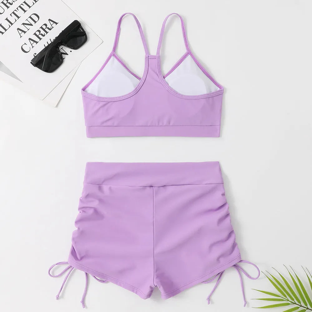 Women's black or purple high waist split swimsuit bikini set with sleeveless top and shorts