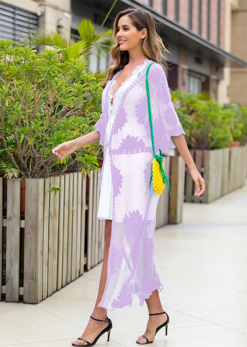 Light purple cotton-polyester beach dress cardigan with lace embroidery trim for swimming cover-up