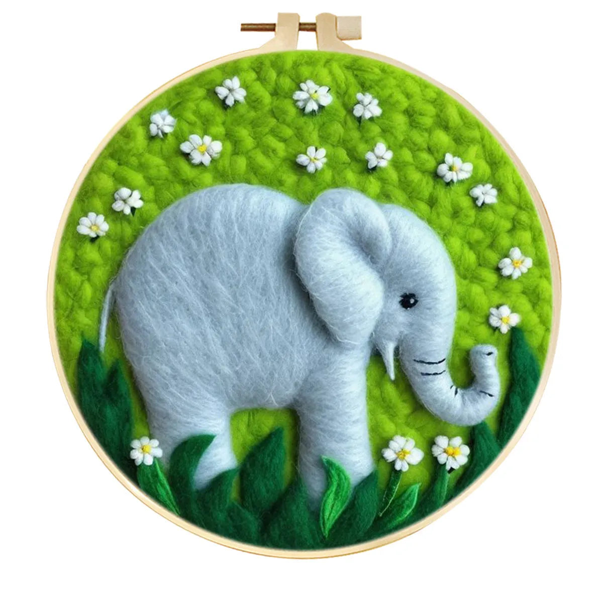 Round linen embroidery kit with wool felt pieces for 3D flowers and leaves, includes a free frame.