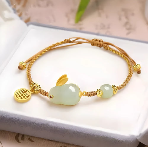 Hetian jade rabbit bracelet for women with geometric charm on yellow adjustable string