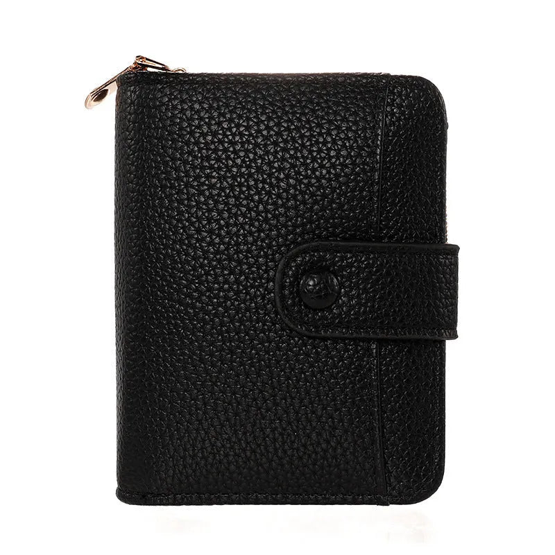 Women's short organ wallet with lychee pattern in pu leather, showing antibacterial lining and reinforced sewing thread detail