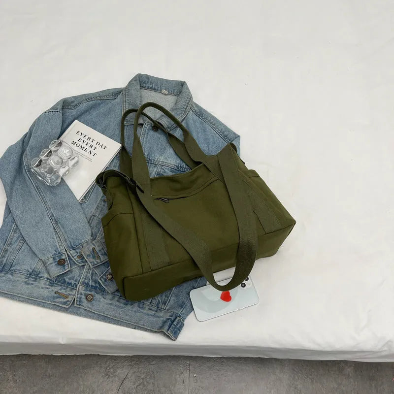 Women's canvas shoulder tote bag with sandwich pocket in solid colour options