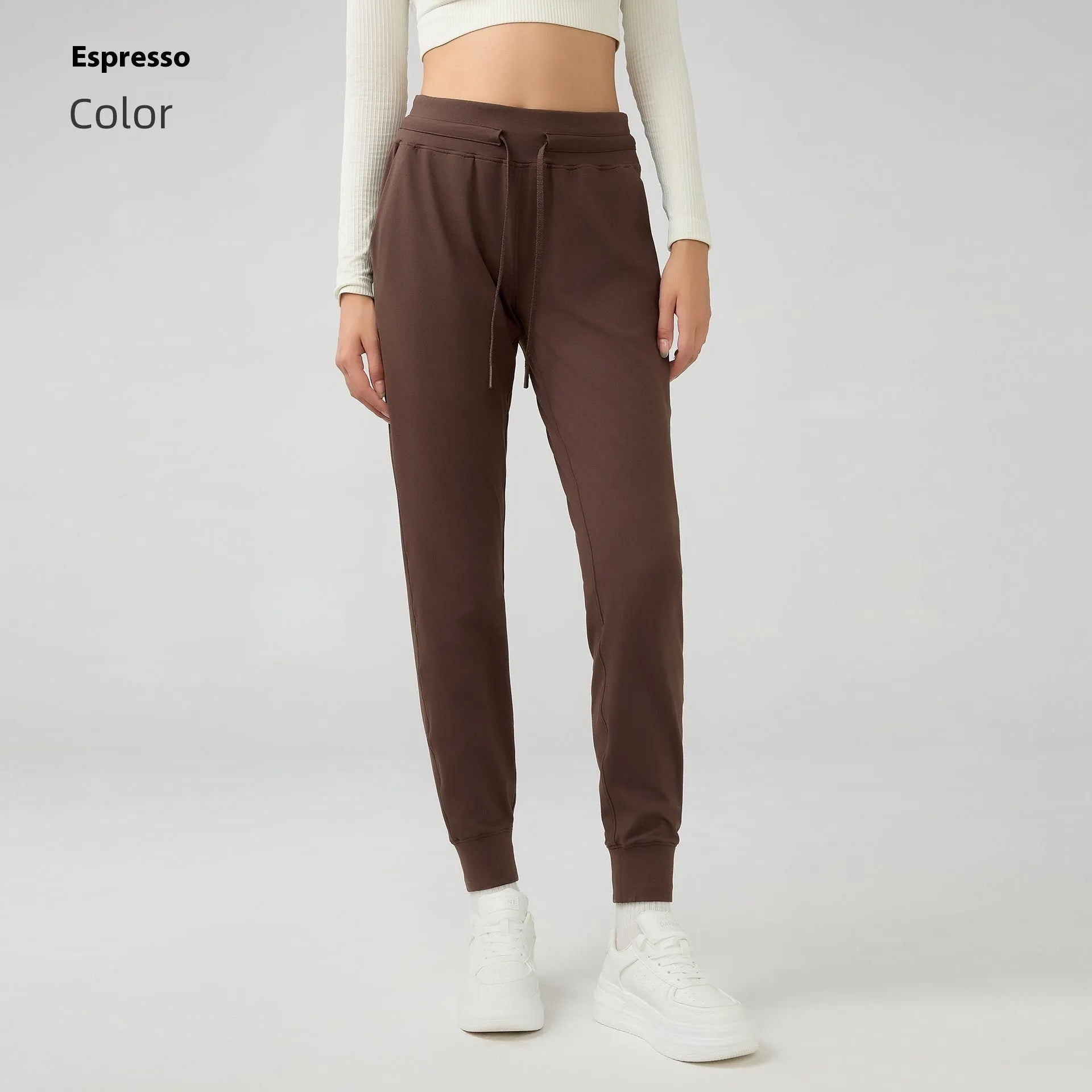 Women's high waist yoga pants with drawstring waistband in quick-drying cotton blend fabric, multiple colour options