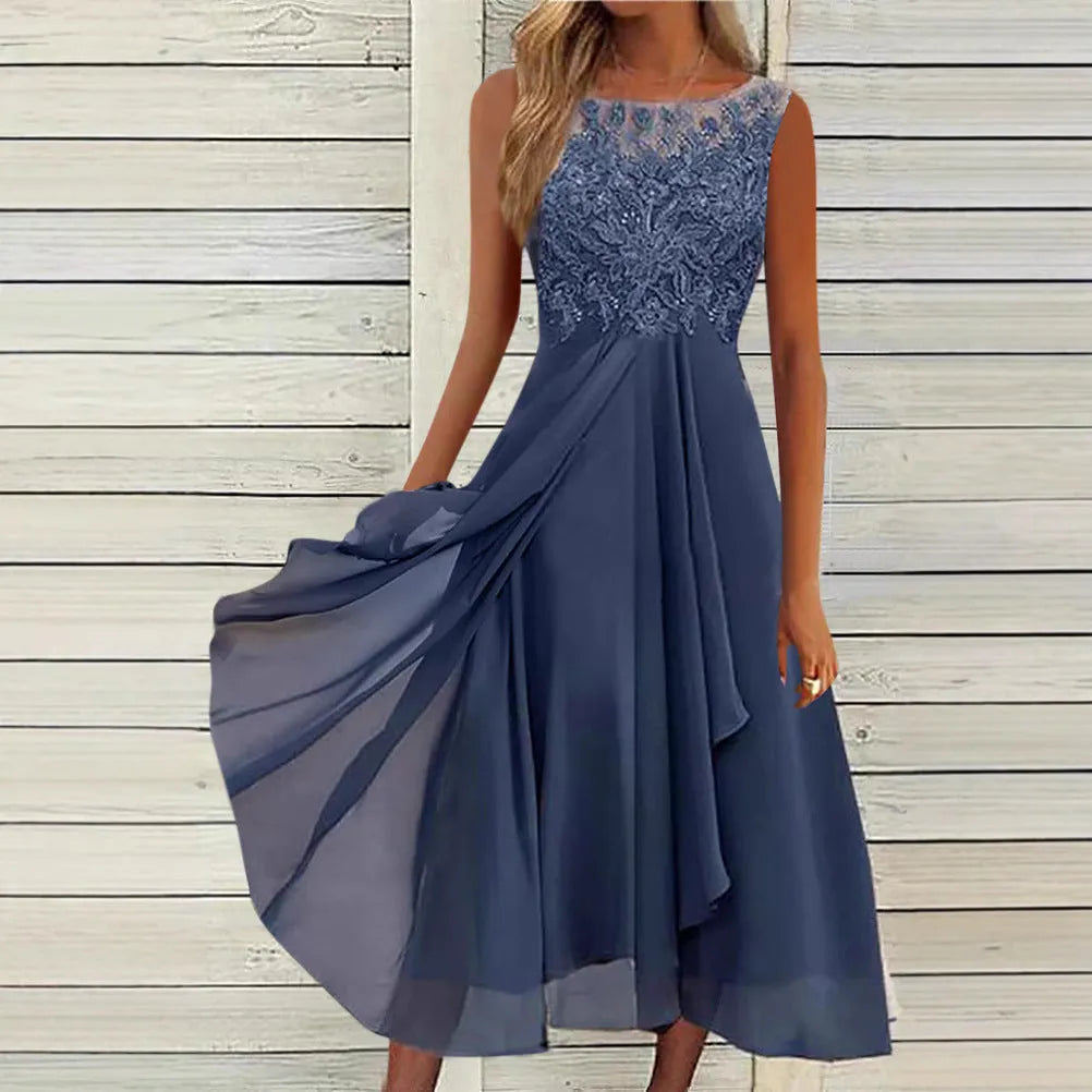 Women's sleeveless chiffon dress with lace hollow-out stitching in green, shown in midi length princess style