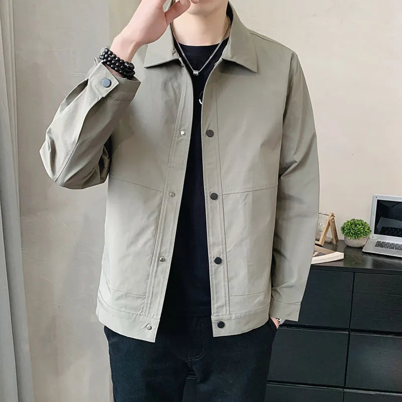 Men's thin Korean-style single-layer jacket in light grey, showing front view with long sleeves.