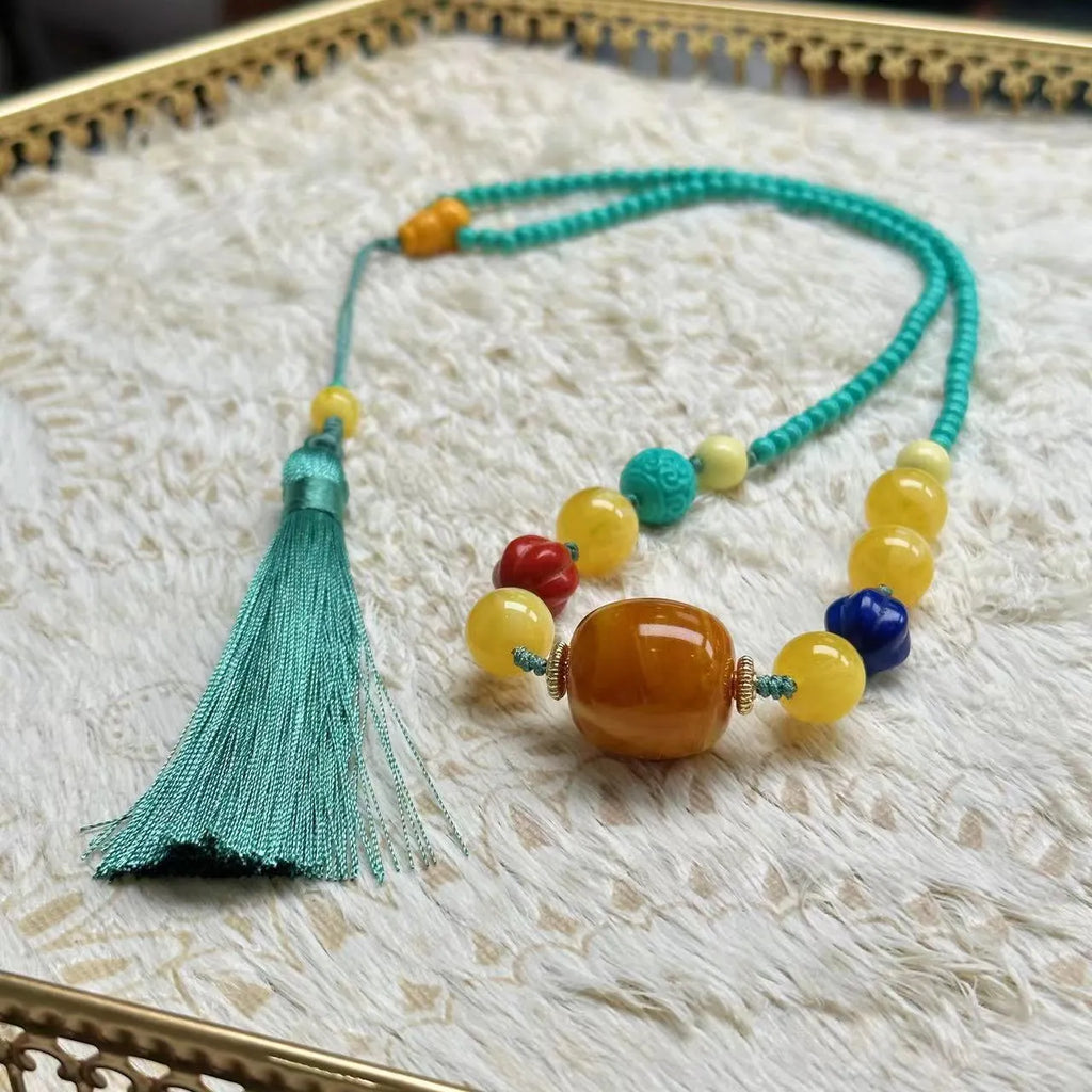 Hand-woven turquoise mesh flower lucky pendant necklace on ball bead chain
