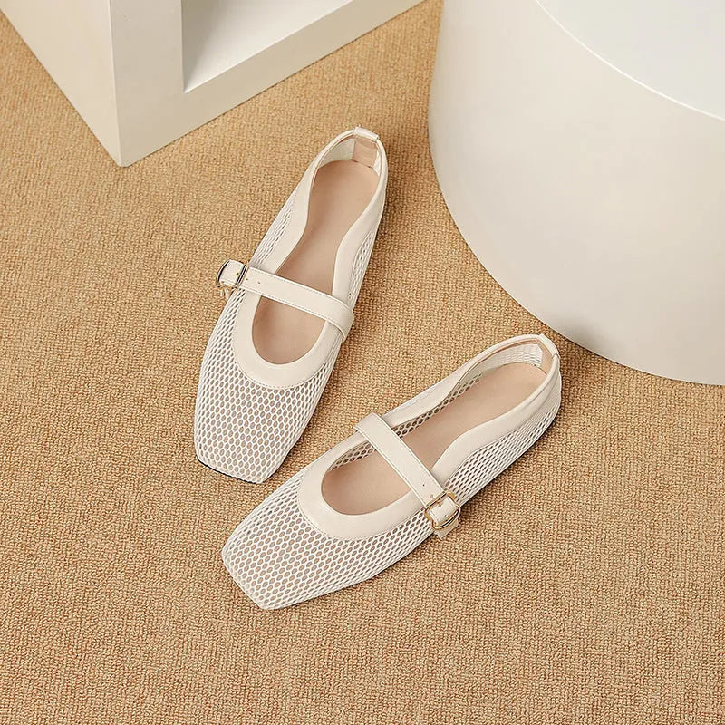 Women's beige mesh pump with square toe and adjustable buckle on flat heel.