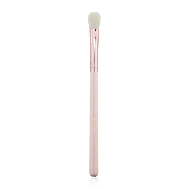 26-piece pink makeup brush set with wooden handles in protective roll case
