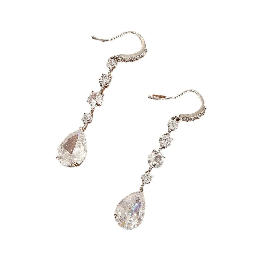 Women's copper electroplated teardrop drop high-carbon earrings in silver white zircon finish