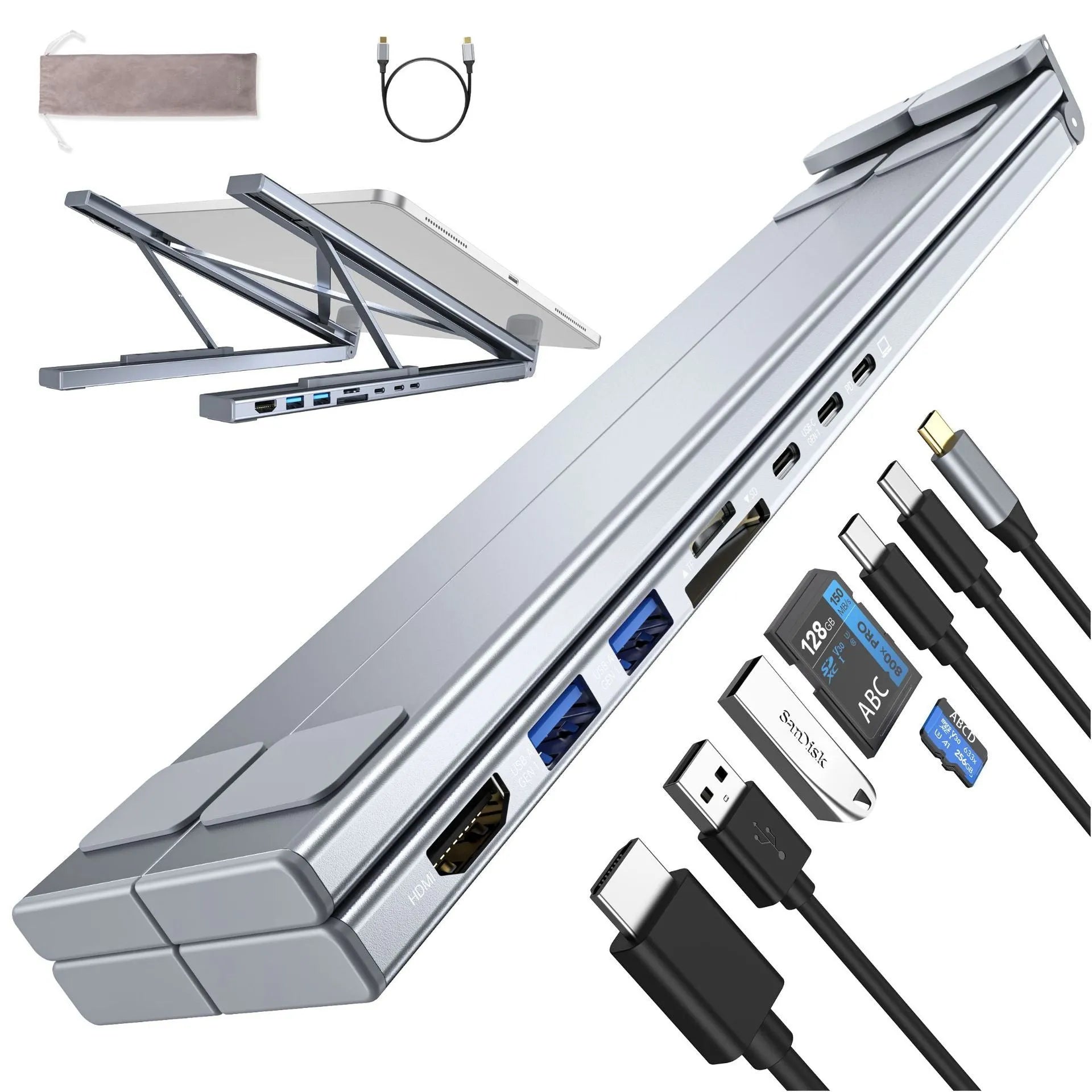 Aluminium alloy folding docking station laptop stand with multiple connectivity ports