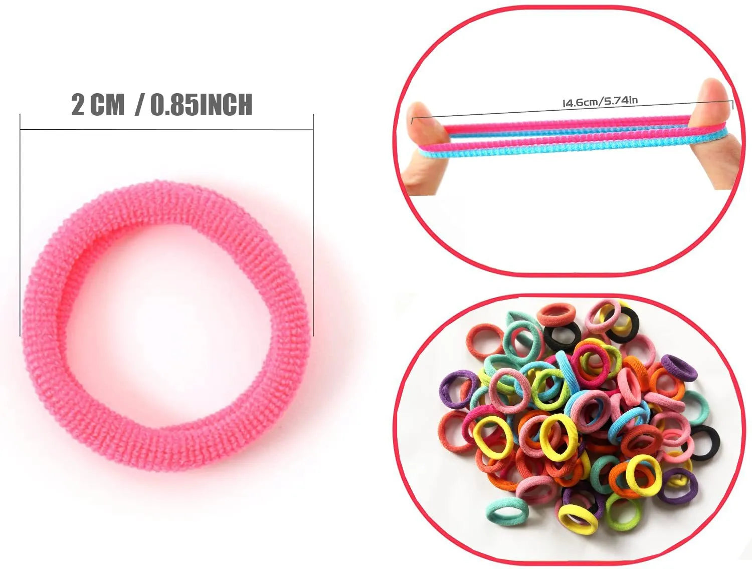 100 baby hair ties in mixed colours showing seamless cotton construction and small 0.85-inch sizing