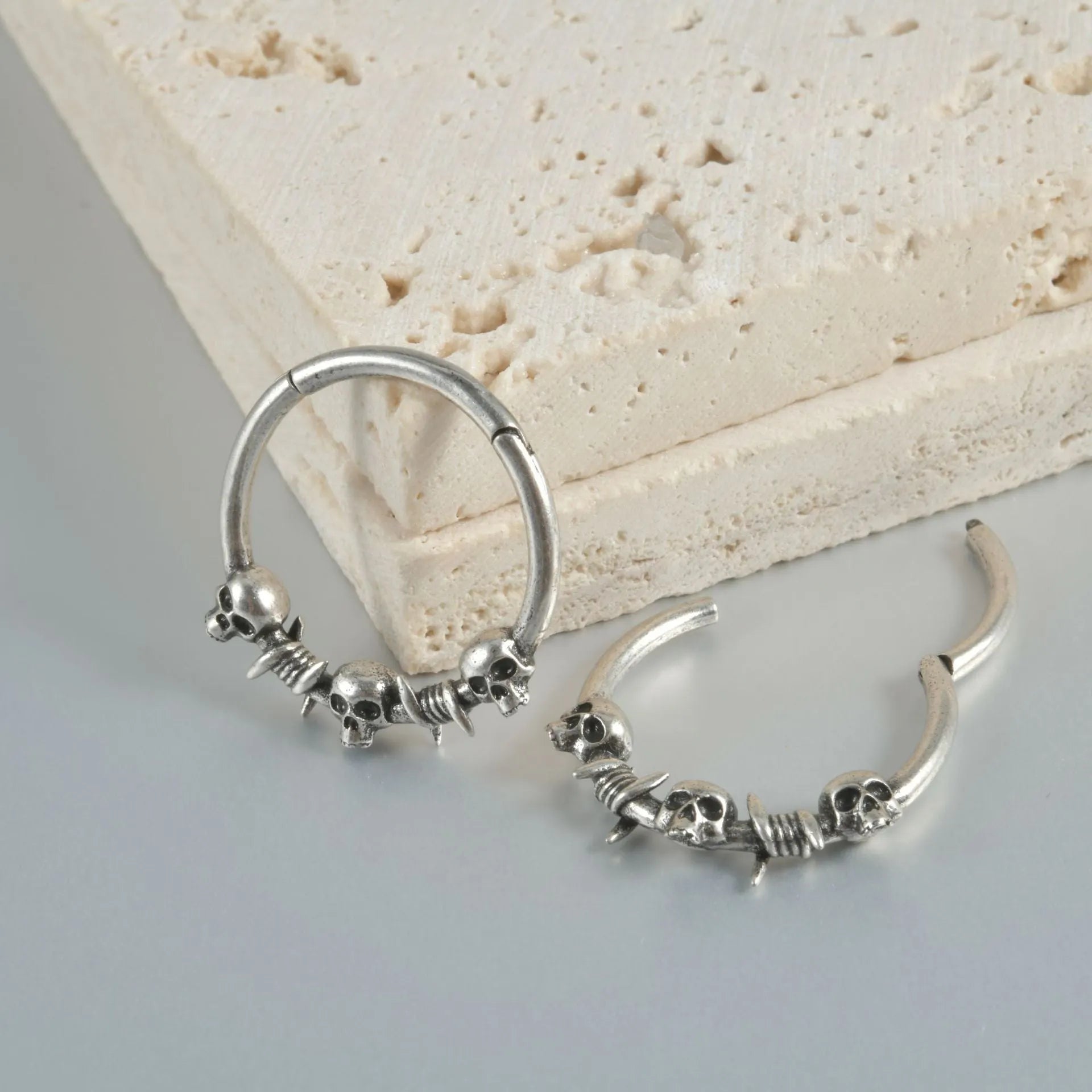 Copper punk earrings with vintage ghost head design in antique gold and silver finishes