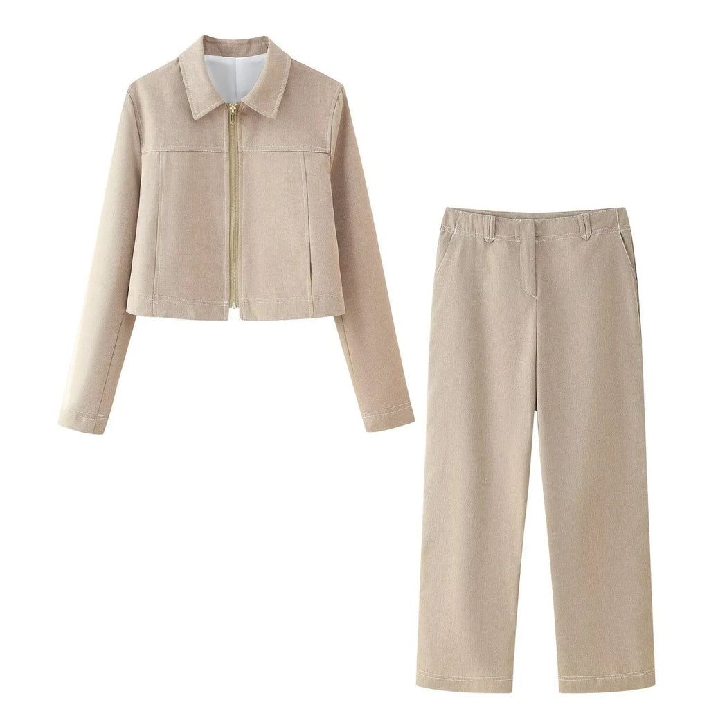 Women's summer casual suit with 3D herringbone pattern embroidery on long sleeve coat and straight-leg trousers