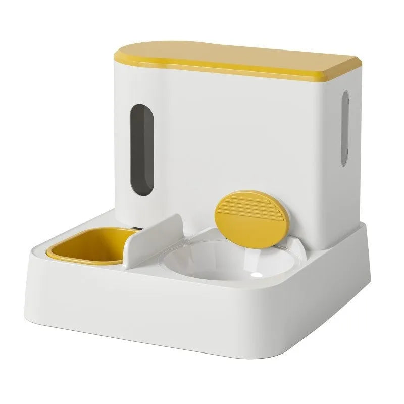 Grey automatic cat feeder and water dispenser unit with integrated double bowls