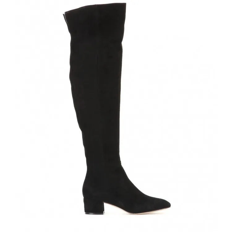 Grey suede women's over-the-knee boots with a pointed toe and flat low heel.