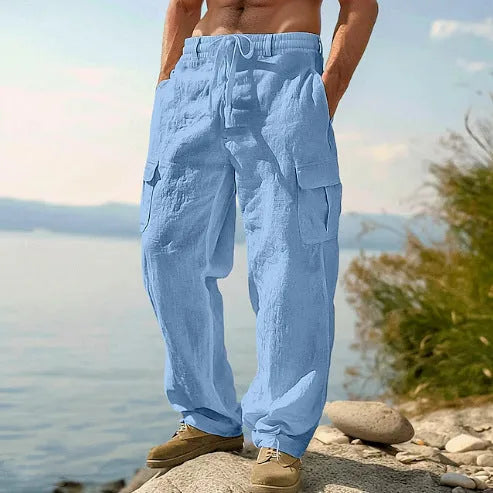 Men's cotton wide-leg casual trousers in light army green colour showing relaxed fit and mid-waist design