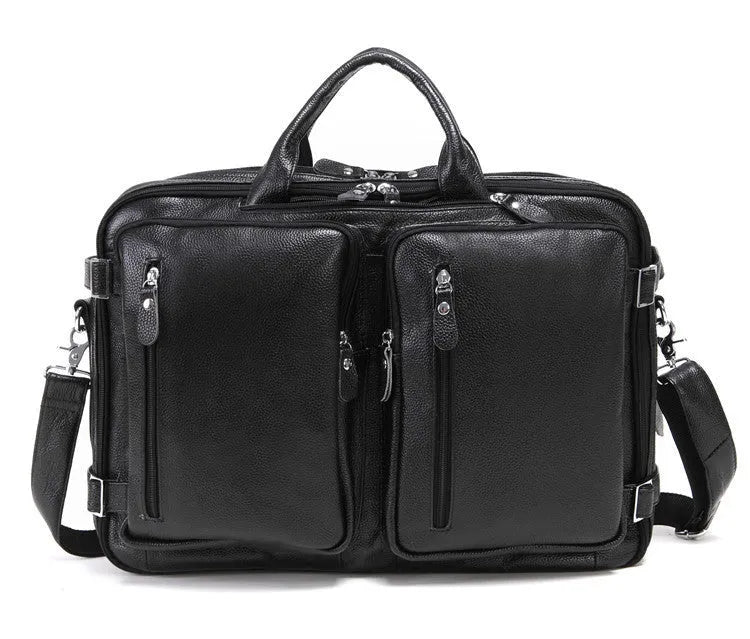 Black large leather handbag horizontal square shape with zipper closure and multiple internal compartments