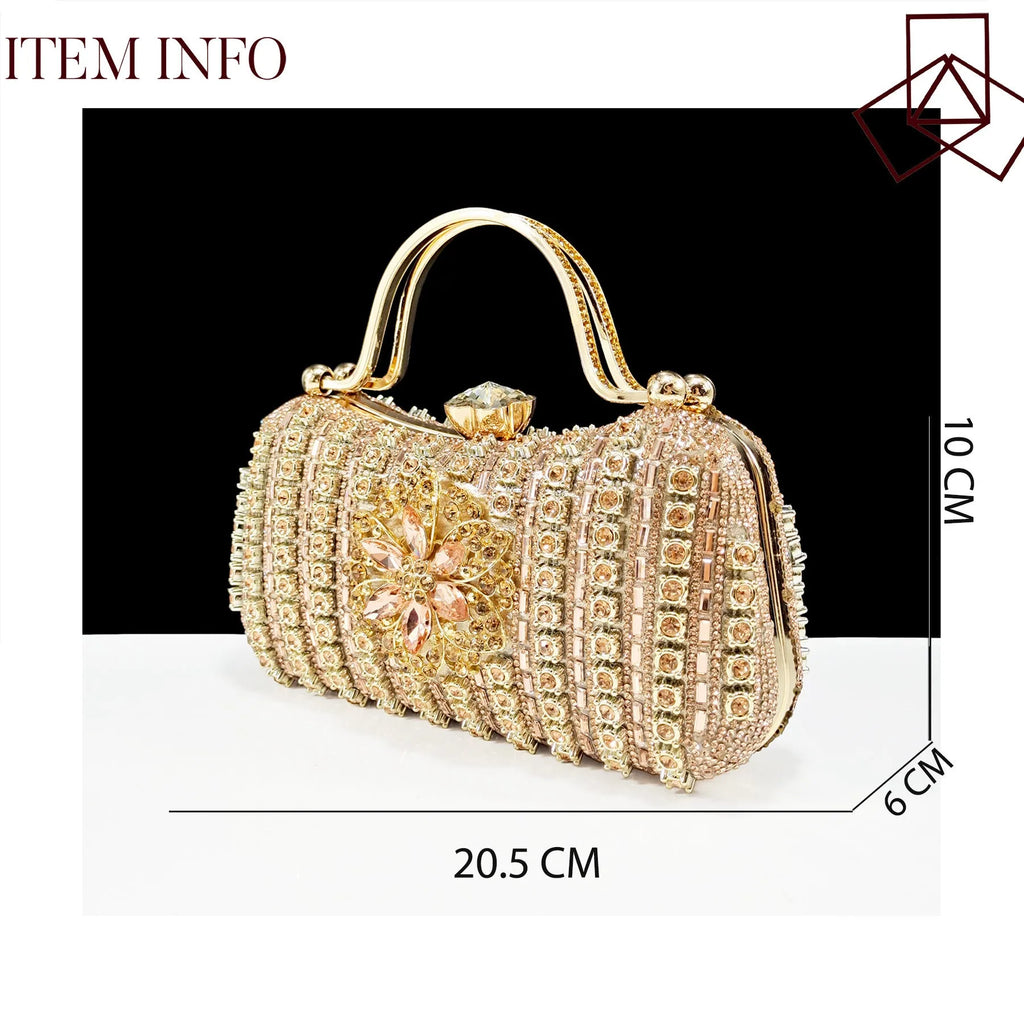 Women's high heel shoes with matching clutch bag featuring decorative flower buckle and ankle chain detail