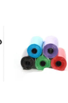 Roll of coloured disposable pet waste bags showing black, blue, green, light blue, pink, and purple options.