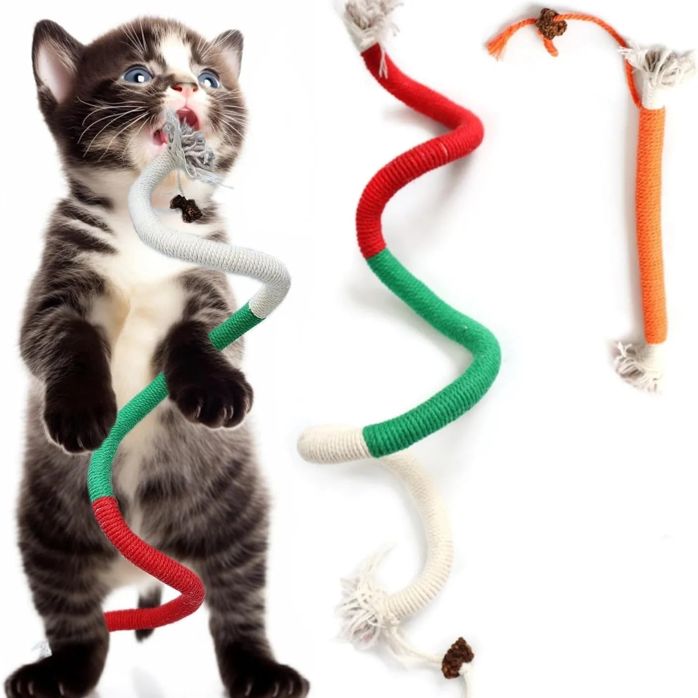 70cm long cat bite rope toy in colours purple, orange, and red with green, made of cotton string.