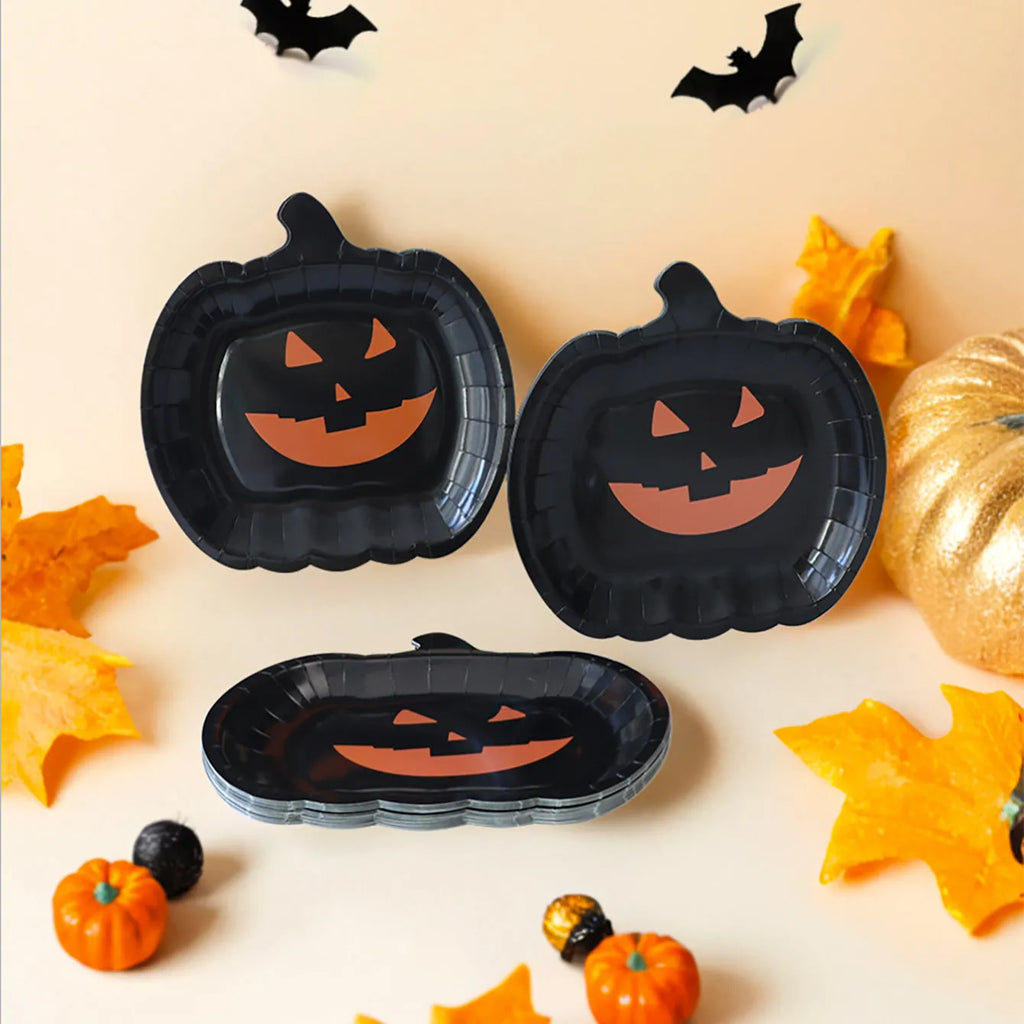 Black Halloween pumpkin design disposable paper plates in 9-inch size for parties