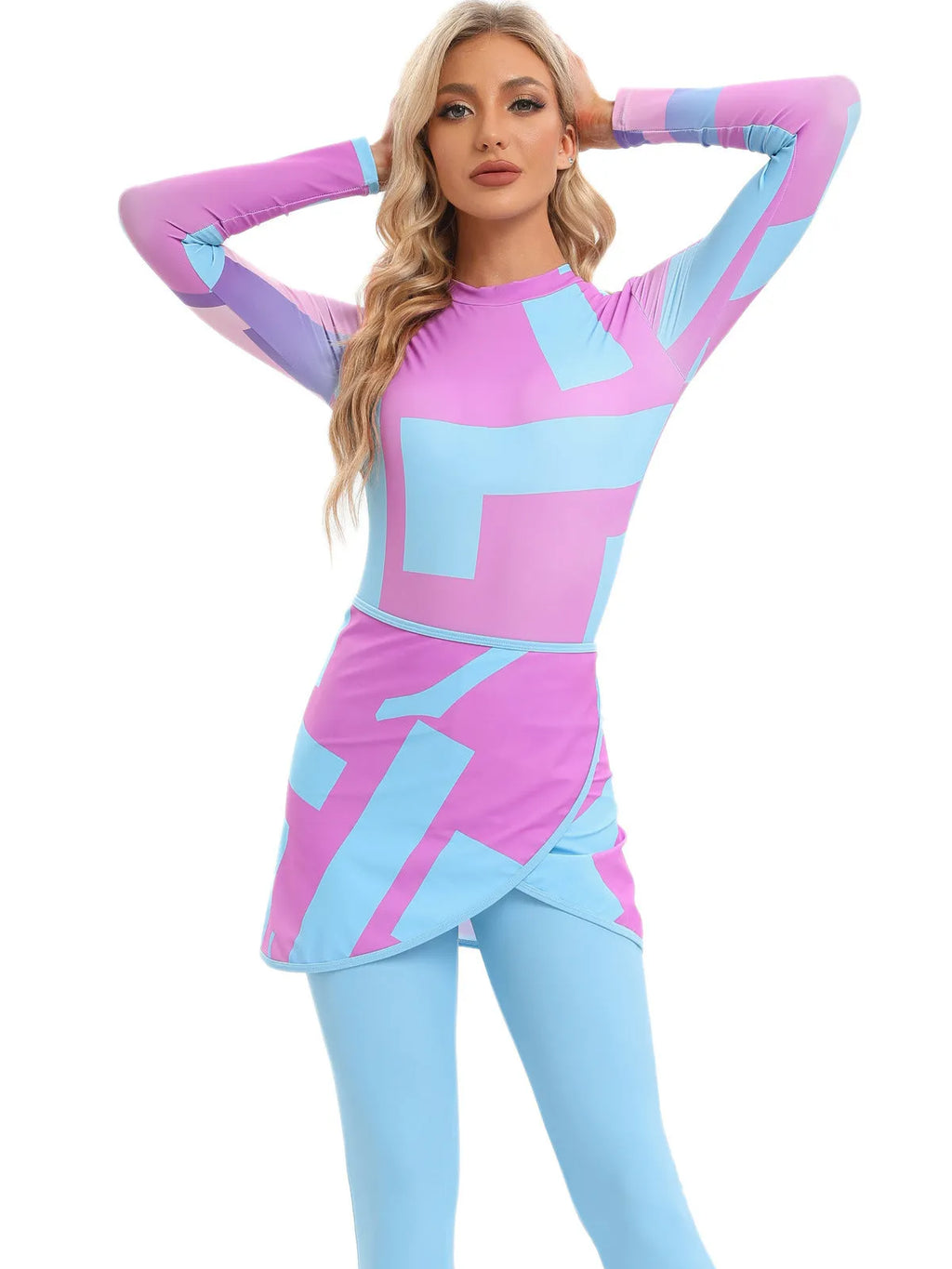 Conservative Muslim swimsuit three-piece set with long sleeves and matching apron for swimming