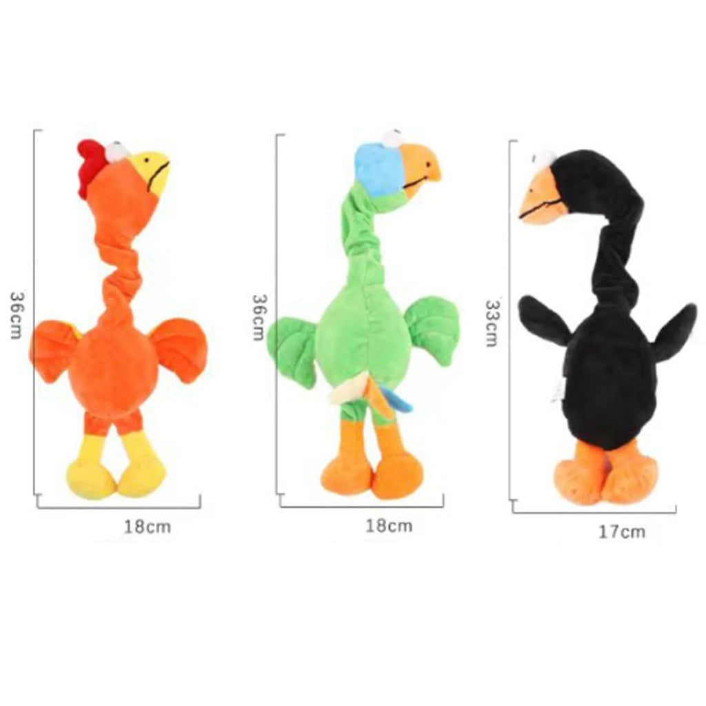 Screaming chicken sound dog chew toy in bite-resistant material, shown in black, green, and orange.