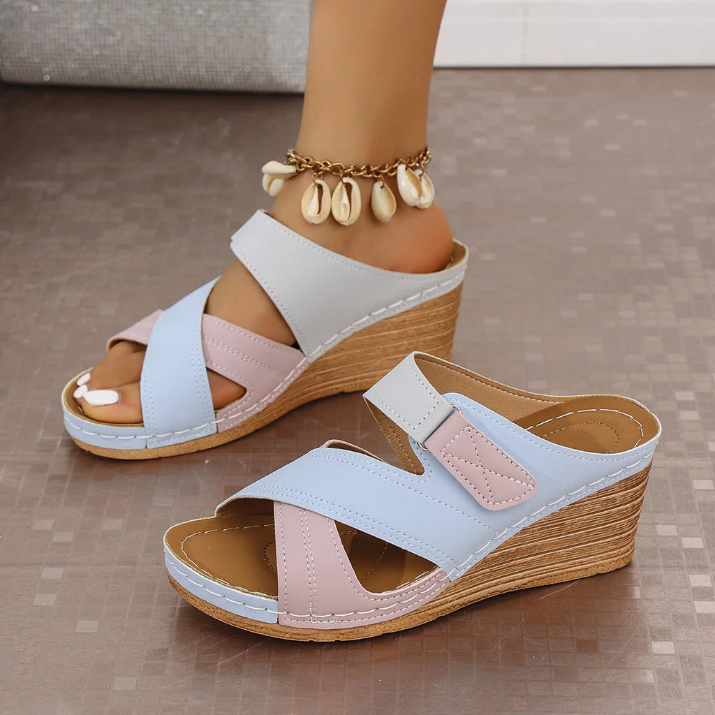 Women's wedge slippers with Velcro closure in fish mouth design, showing colour options including black and red combination