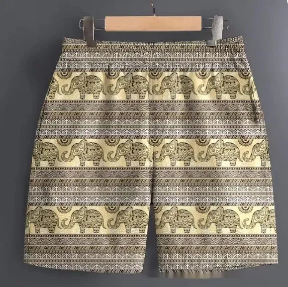 Men's casual polyester shorts in camouflage pattern, laid flat showing waistband and leg.