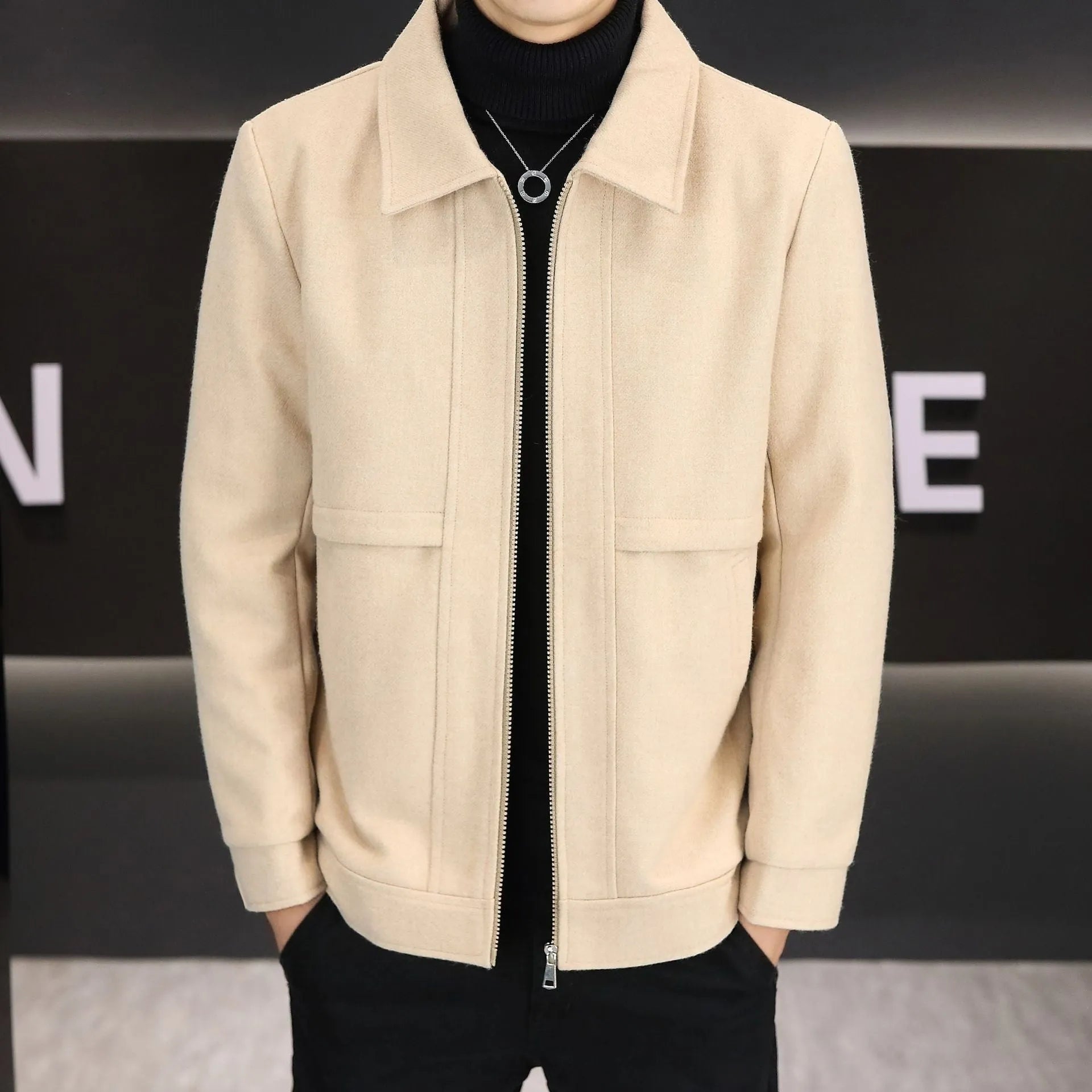 Casual polo collar jacket in cotton blend fabric showing side seam pockets and regular sleeve design