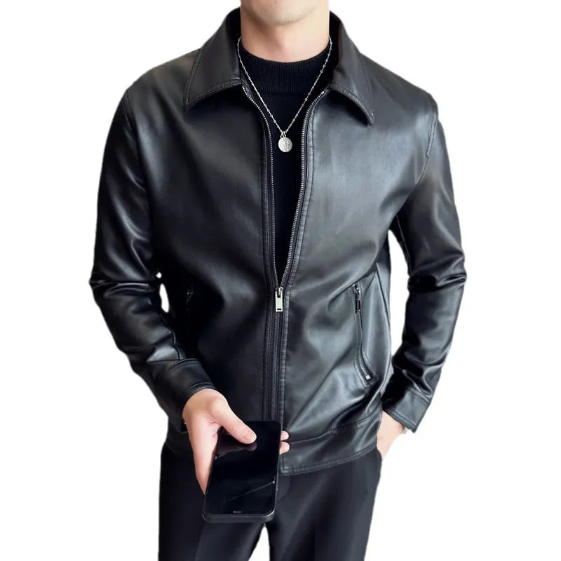 Black men's loose-fit PU leather jacket with zipper and polyester lining.