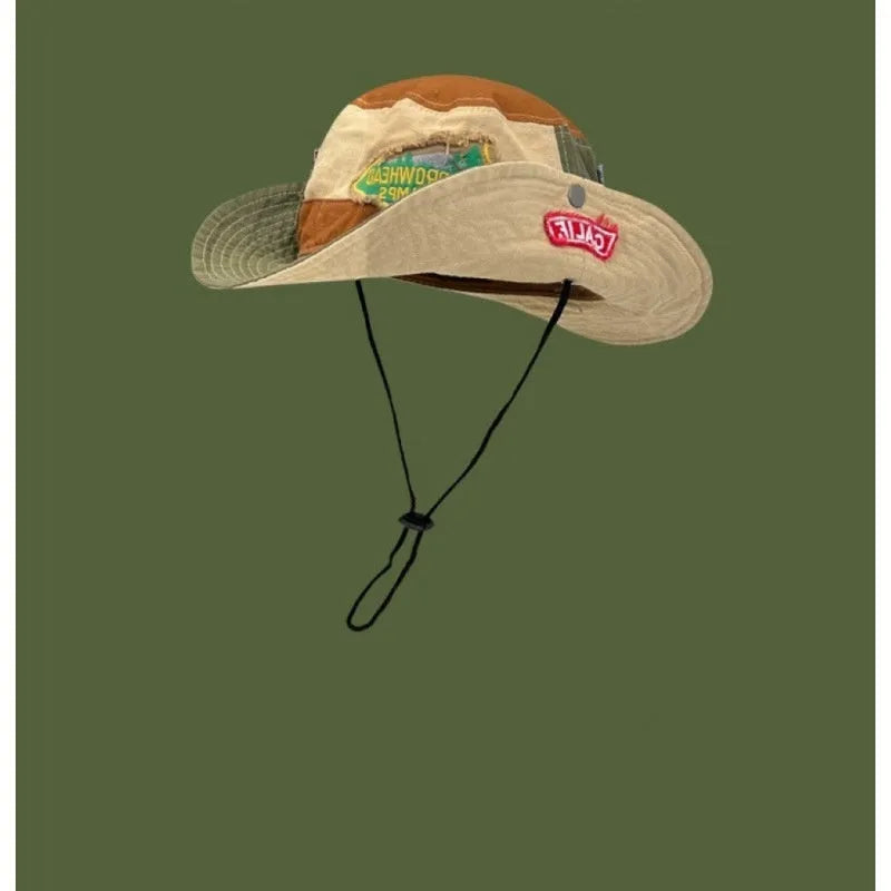Army green cotton fisherman hat with flat top crown and patchwork detailing