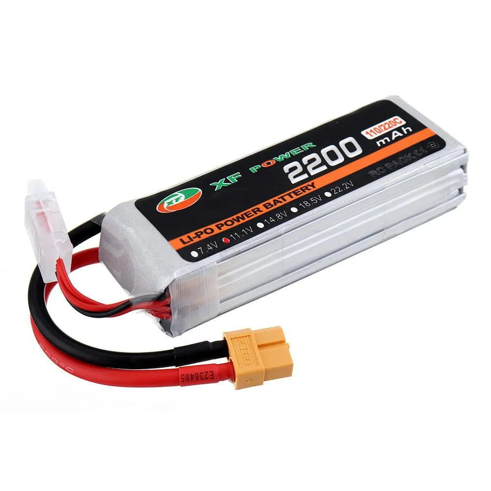 XF Power black 14.8V 1000mAh graphene drone battery with XT60 plug, showing compact dimensions.