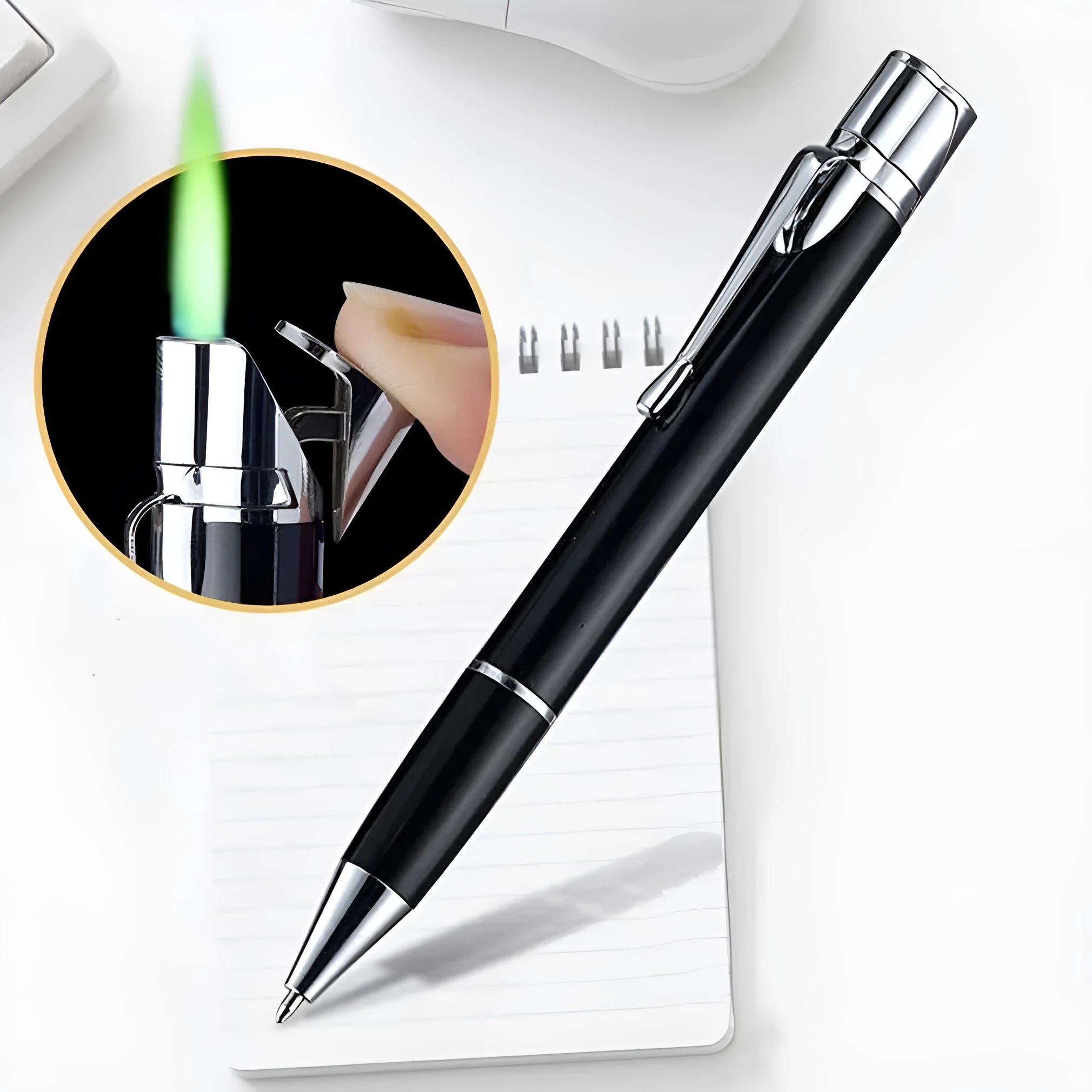 Silver metal windproof jet pen lighter with a blue flame, showing its slim 170mm design.