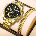 Men's gold steel business quartz watch with stainless steel bracelet on wrist