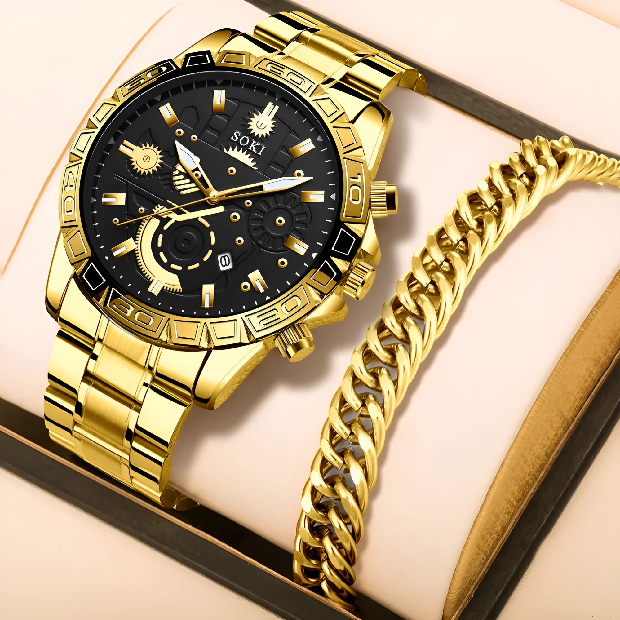 Men's gold steel business quartz watch with stainless steel bracelet on wrist