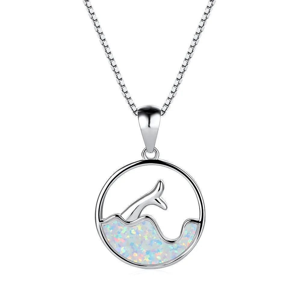 Electroplated copper fishtail necklace with round opal elements in platinum blue finish