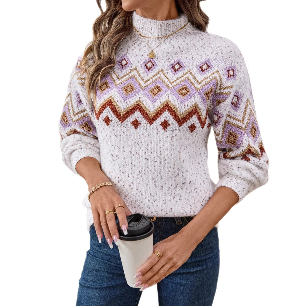 White geometric jacquard half turtleneck loose fit women's sweater with long sleeves