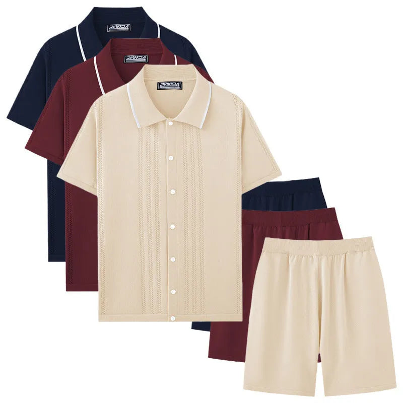 Women's khaki short sleeve sweater and shorts two-piece set laid flat.